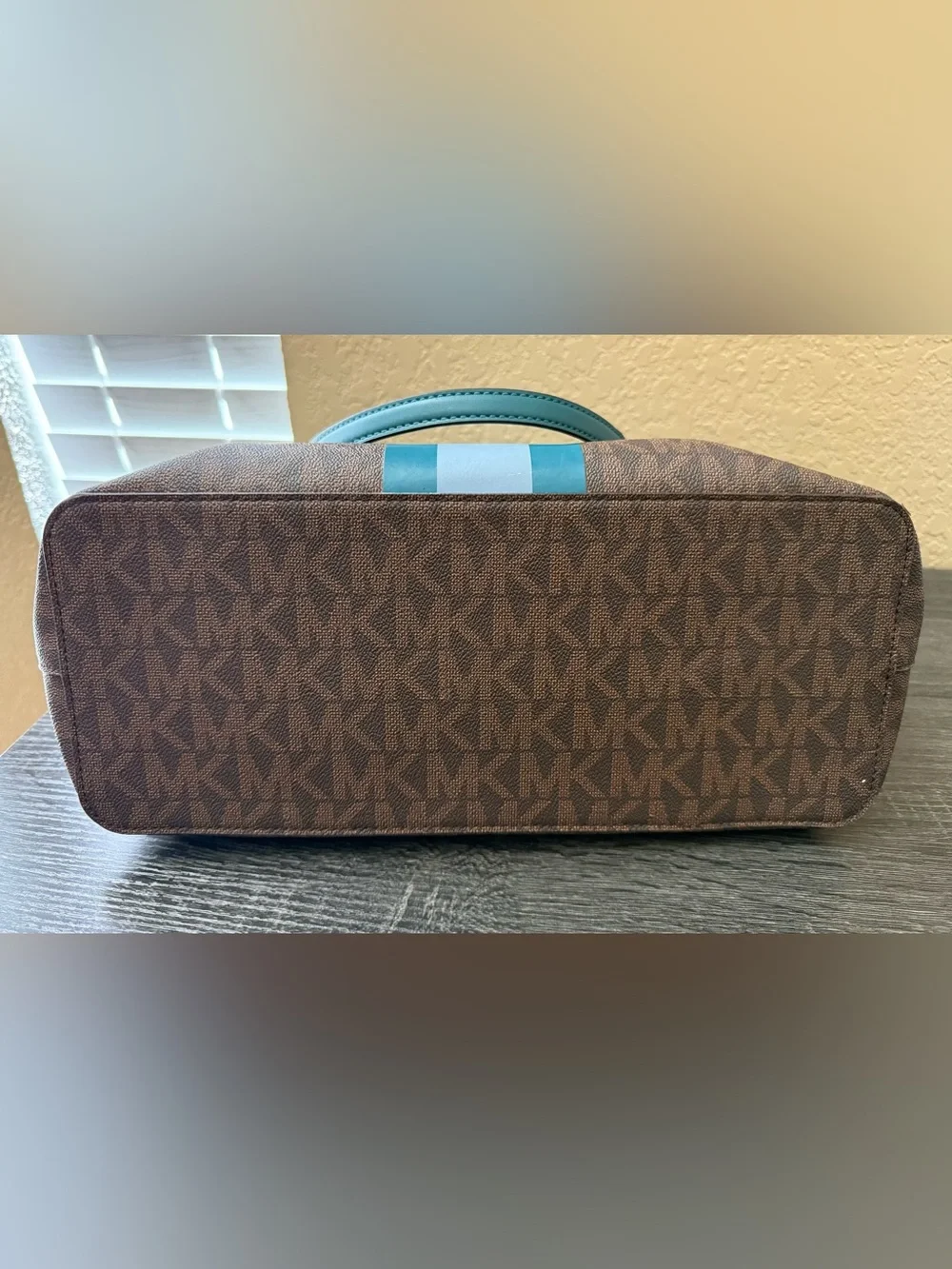 Michael Kors Teal and Light Blue Center-Stripe Logo Tote